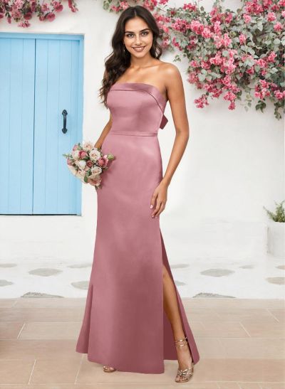 A-Line Strapless Sleeveless Floor-Length Satin Bridesmaid Dresses With Bow(s)