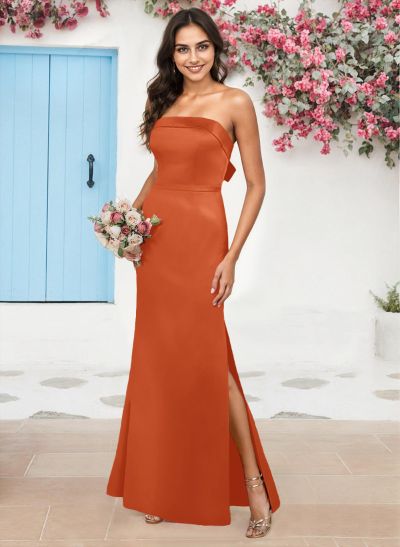 A-Line Strapless Sleeveless Floor-Length Satin Bridesmaid Dresses With Bow(s)