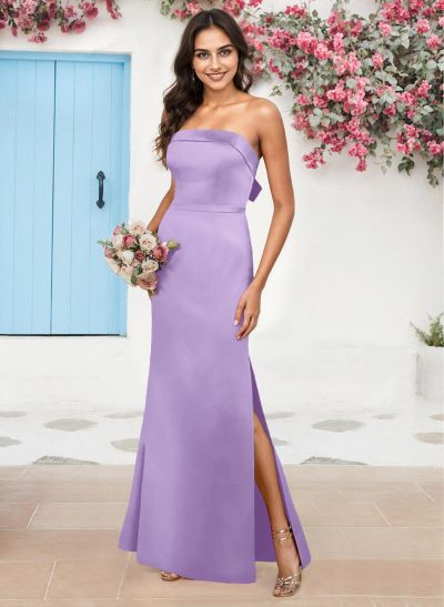 A-Line Strapless Sleeveless Floor-Length Satin Bridesmaid Dresses With Bow(s)