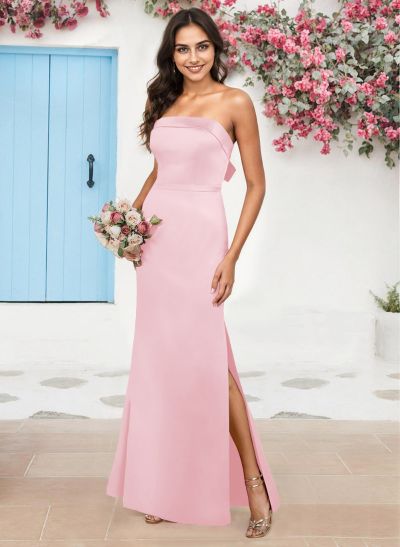 A-Line Strapless Sleeveless Floor-Length Satin Bridesmaid Dresses With Bow(s)