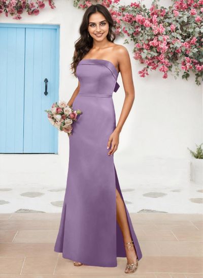 A-Line Strapless Sleeveless Floor-Length Satin Bridesmaid Dresses With Bow(s)