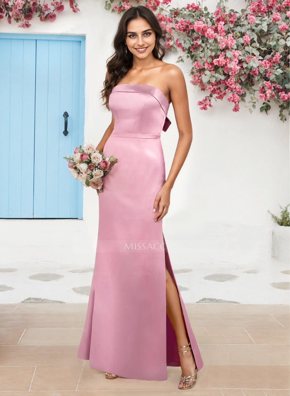 A-Line Strapless Sleeveless Floor-Length Satin Bridesmaid Dresses With Bow(s)