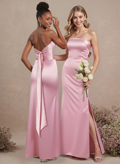 A-Line Strapless Sleeveless Floor-Length Satin Bridesmaid Dresses With Bow(s)