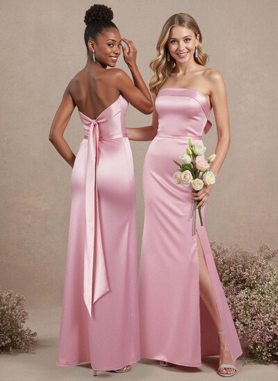 A-Line Strapless Sleeveless Floor-Length Satin Bridesmaid Dresses With Bow(s)
