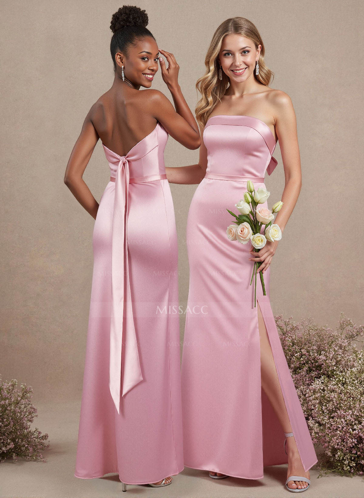 A-Line Strapless Sleeveless Floor-Length Satin Bridesmaid Dresses With Bow(s)