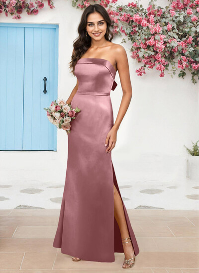 A-Line Strapless Sleeveless Floor-Length Satin Bridesmaid Dresses With Bow(s)