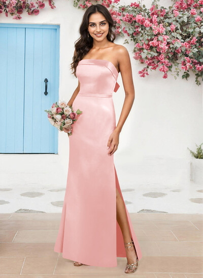 A-Line Strapless Sleeveless Floor-Length Satin Bridesmaid Dresses With Bow(s)