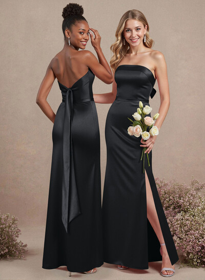 A-Line Strapless Sleeveless Floor-Length Satin Bridesmaid Dresses With Bow(s)