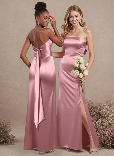 A-Line Strapless Sleeveless Floor-Length Satin Bridesmaid Dresses With Bow(s)