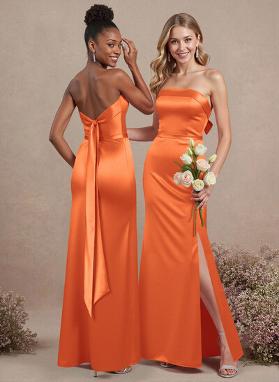 A-Line Strapless Sleeveless Floor-Length Satin Bridesmaid Dresses With Bow(s)
