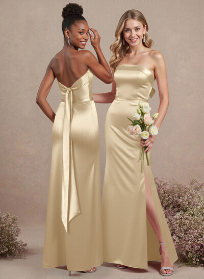 A-Line Strapless Sleeveless Floor-Length Satin Bridesmaid Dresses With Bow(s)