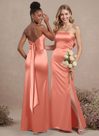 A-Line Strapless Sleeveless Floor-Length Satin Bridesmaid Dresses With Bow(s)