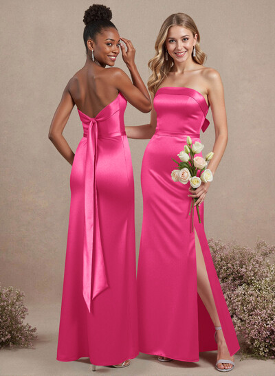 A-Line Strapless Sleeveless Floor-Length Satin Bridesmaid Dresses With Bow(s)