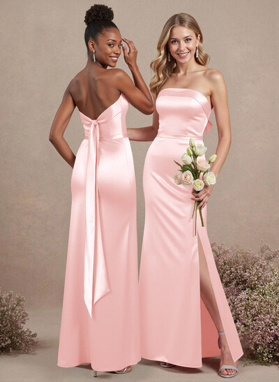 A-Line Strapless Sleeveless Floor-Length Satin Bridesmaid Dresses With Bow(s)