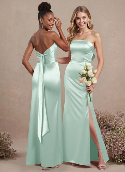 A-Line Strapless Sleeveless Floor-Length Satin Bridesmaid Dresses With Bow(s)