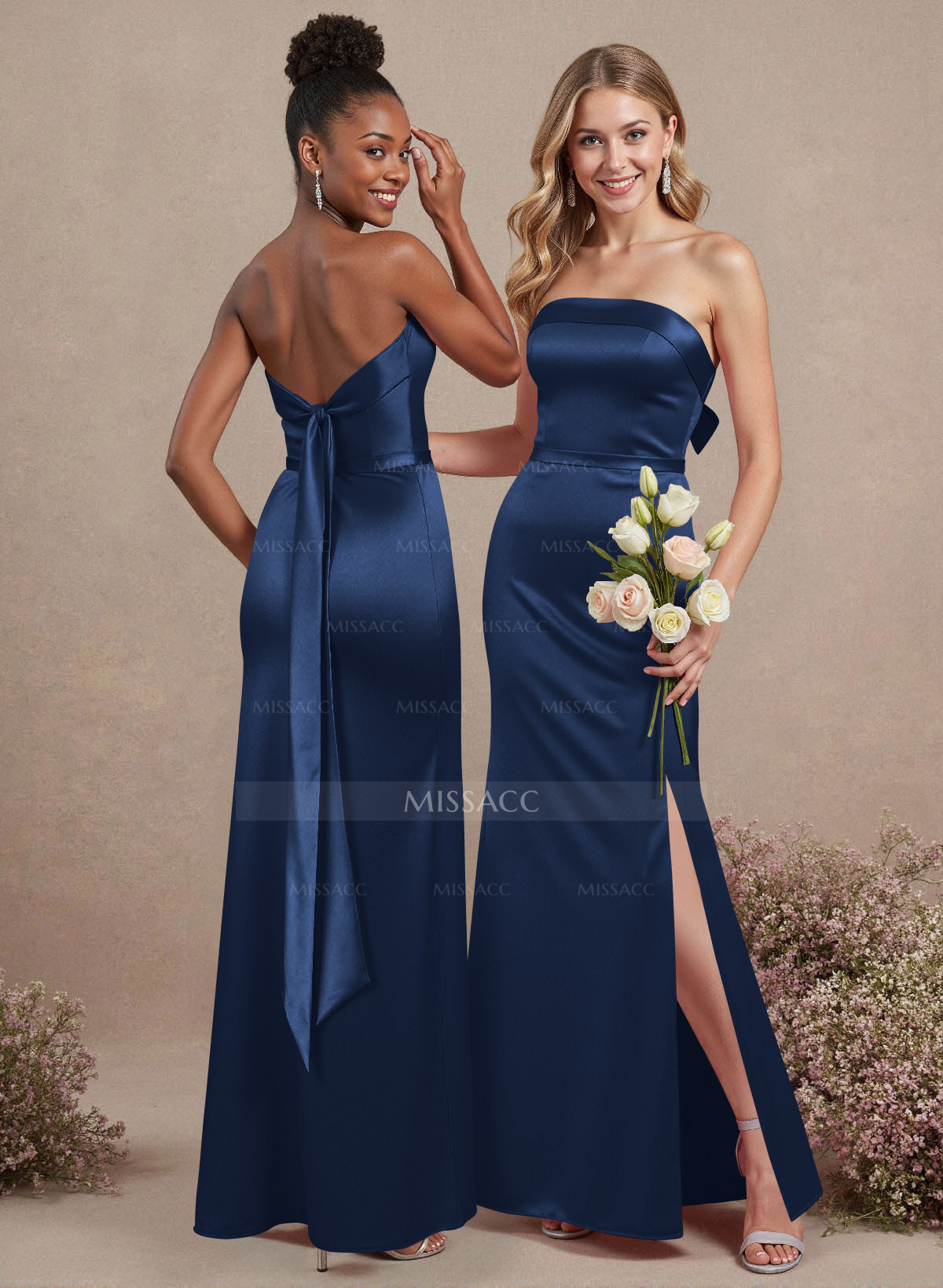 A-Line Strapless Sleeveless Floor-Length Satin Bridesmaid Dresses With Bow(s) 