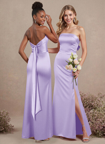 A-Line Strapless Sleeveless Floor-Length Satin Bridesmaid Dresses With Bow(s)