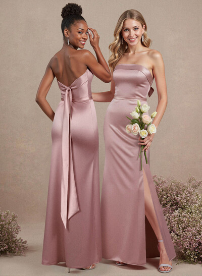 A-Line Strapless Sleeveless Floor-Length Satin Bridesmaid Dresses With Bow(s)