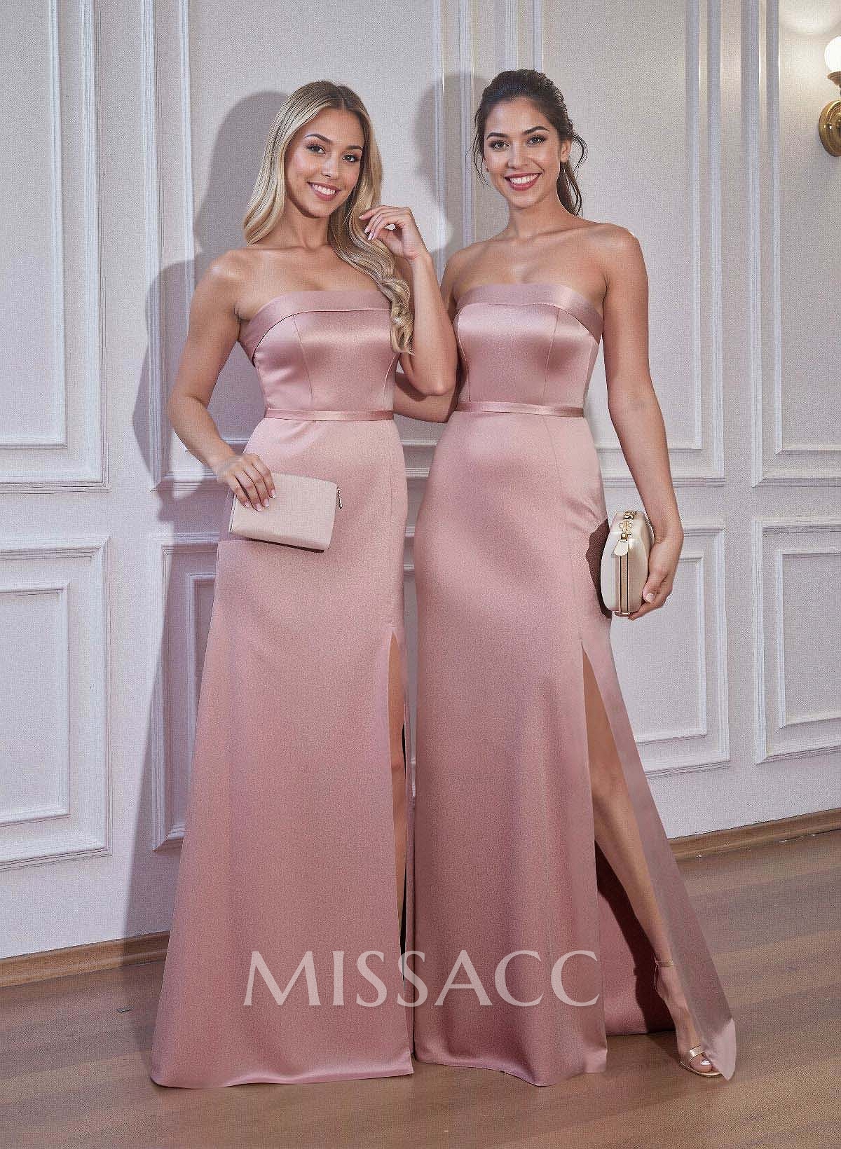 A-Line Strapless Sleeveless Floor-Length Satin Bridesmaid Dresses With Bow(s) A-Line Strapless Sleeveless Floor-Length Satin Bridesmaid Dresses With Bow(s)
