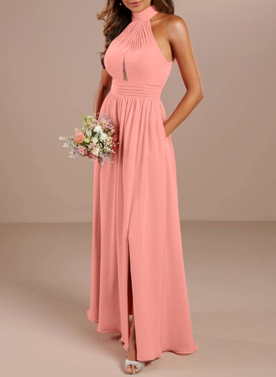 A-Line Halter Sleeveless Chiffon Bridesmaid Dresses With Split Front/Back Hole