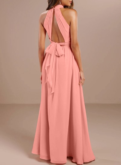 A-Line Halter Sleeveless Chiffon Bridesmaid Dresses With Split Front/Back Hole