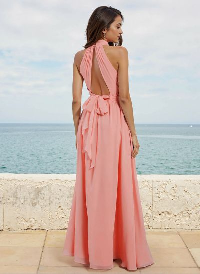 A-Line Halter Sleeveless Chiffon Bridesmaid Dresses With Split Front/Back Hole