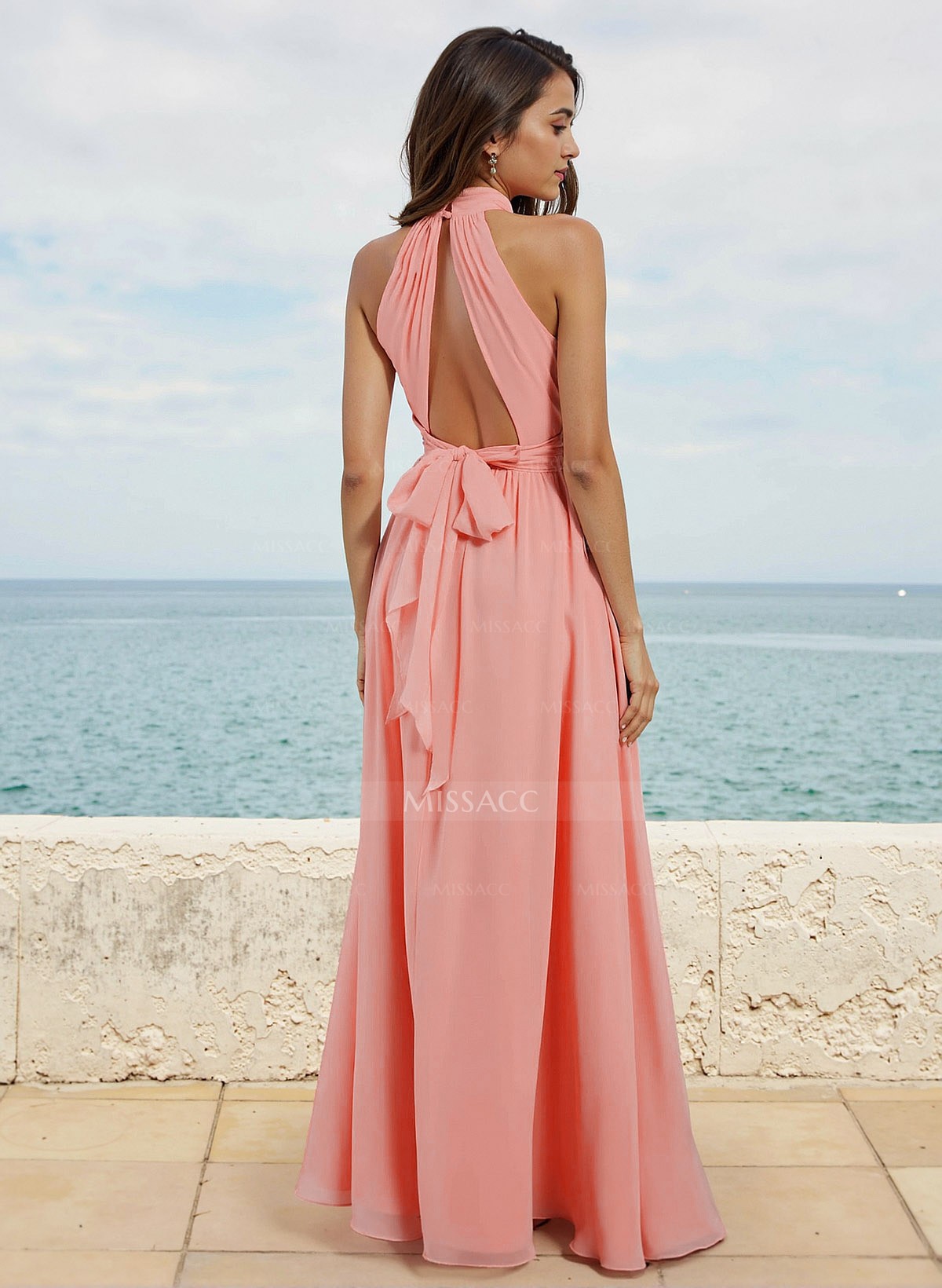 A-Line Halter Sleeveless Chiffon Bridesmaid Dresses With Split Front/Back Hole