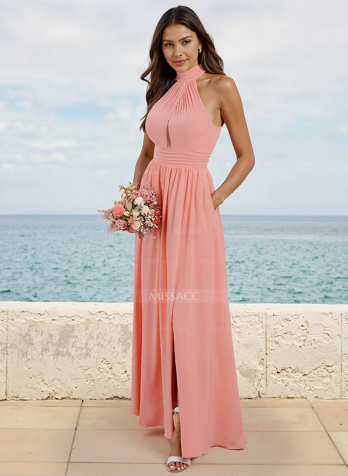 A-Line Halter Sleeveless Chiffon Bridesmaid Dresses With Split Front/Back Hole