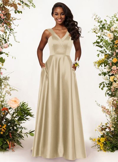 A-Line V-Neck Sleeveless Floor-Length Satin Bridesmaid Dresses