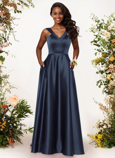 A-Line V-Neck Sleeveless Floor-Length Satin Bridesmaid Dresses