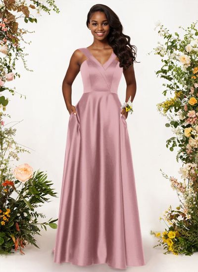 A-Line V-Neck Sleeveless Floor-Length Satin Bridesmaid Dresses