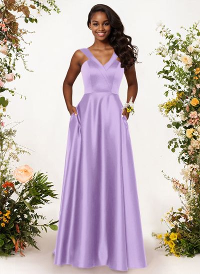 A-Line V-Neck Sleeveless Floor-Length Satin Bridesmaid Dresses