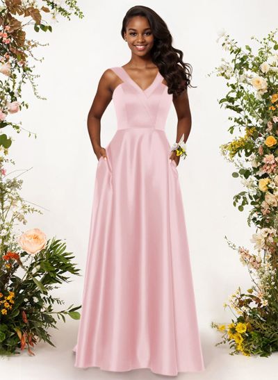 A-Line V-Neck Sleeveless Floor-Length Satin Bridesmaid Dresses