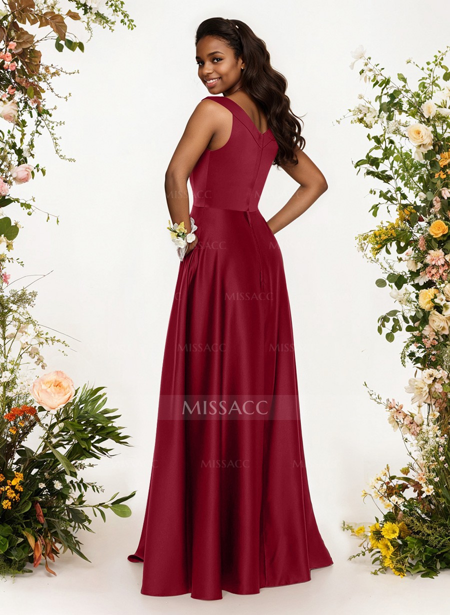 A-Line V-Neck Sleeveless Floor-Length Satin Bridesmaid Dresses