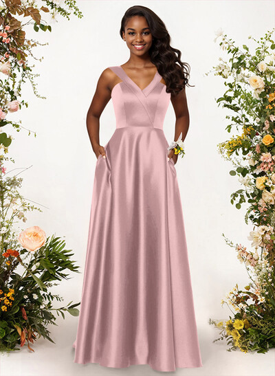 A-Line V-Neck Sleeveless Floor-Length Satin Bridesmaid Dresses