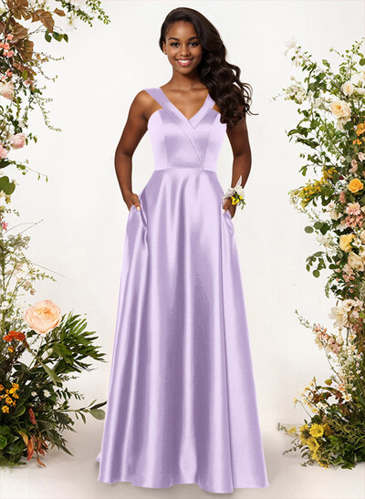 A-Line V-Neck Sleeveless Floor-Length Satin Bridesmaid Dresses