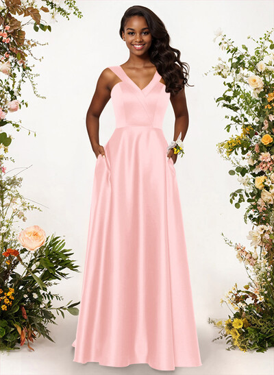 A-Line V-Neck Sleeveless Floor-Length Satin Bridesmaid Dresses