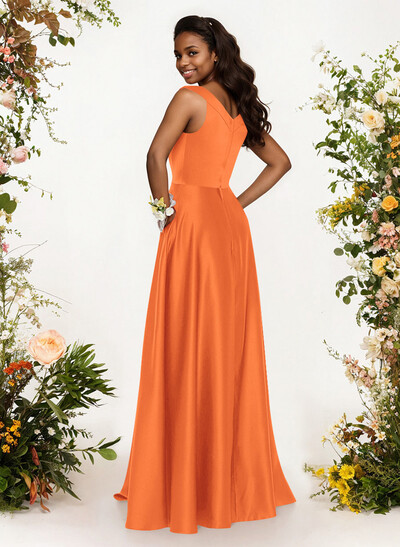 A-Line V-Neck Sleeveless Floor-Length Satin Bridesmaid Dresses