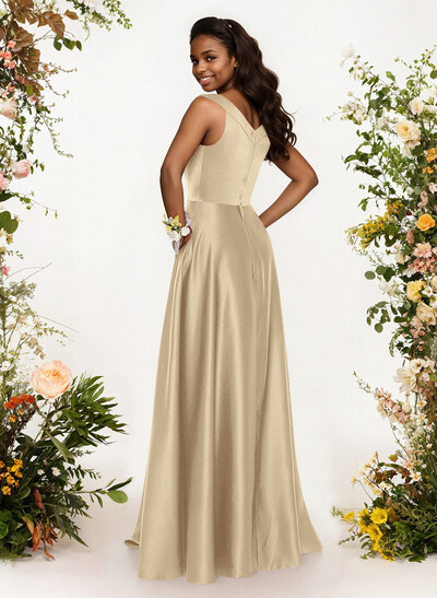 A-Line V-Neck Sleeveless Floor-Length Satin Bridesmaid Dresses