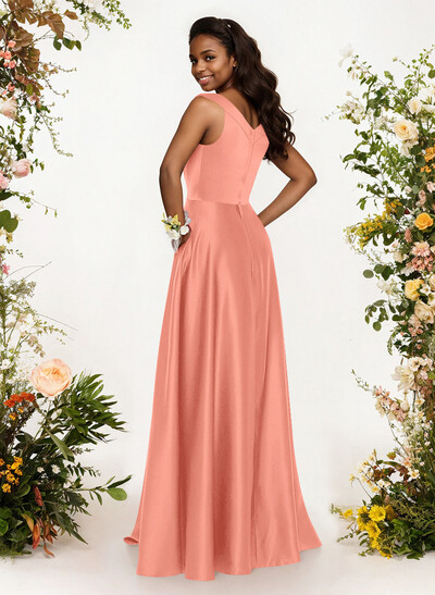 A-Line V-Neck Sleeveless Floor-Length Satin Bridesmaid Dresses