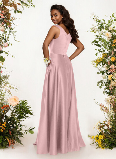 A-Line V-Neck Sleeveless Floor-Length Satin Bridesmaid Dresses