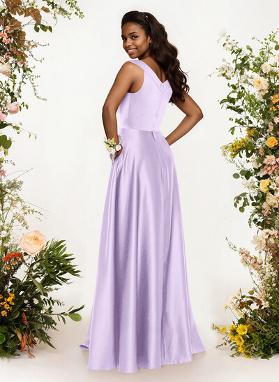 A-Line V-Neck Sleeveless Floor-Length Satin Bridesmaid Dresses