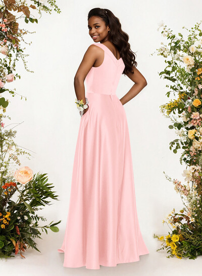 A-Line V-Neck Sleeveless Floor-Length Satin Bridesmaid Dresses