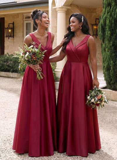 A-Line V-Neck Sleeveless Floor-Length Satin Bridesmaid Dresses
