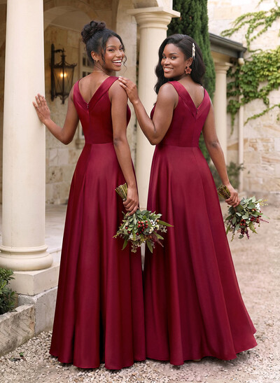 A-Line V-Neck Sleeveless Floor-Length Satin Bridesmaid Dresses