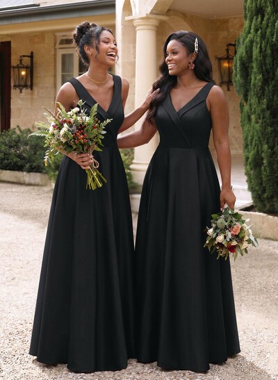 A-Line V-Neck Sleeveless Floor-Length Satin Bridesmaid Dresses