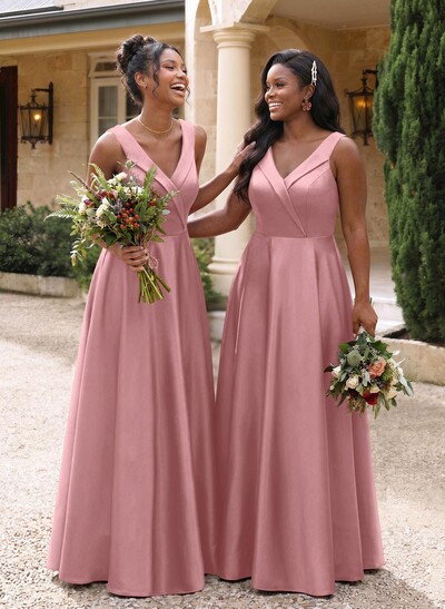 A-Line V-Neck Sleeveless Floor-Length Satin Bridesmaid Dresses