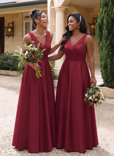 A-Line V-Neck Sleeveless Floor-Length Satin Bridesmaid Dresses