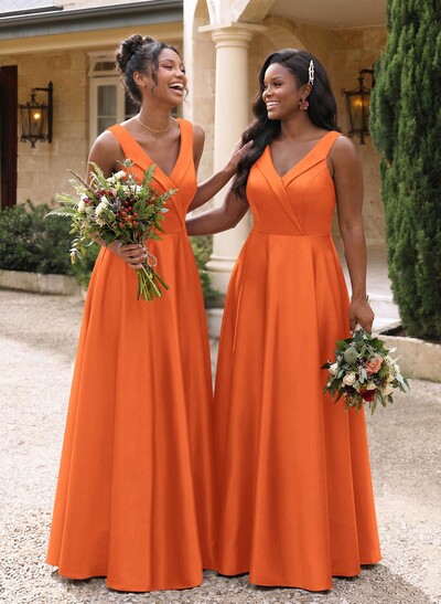 A-Line V-Neck Sleeveless Floor-Length Satin Bridesmaid Dresses