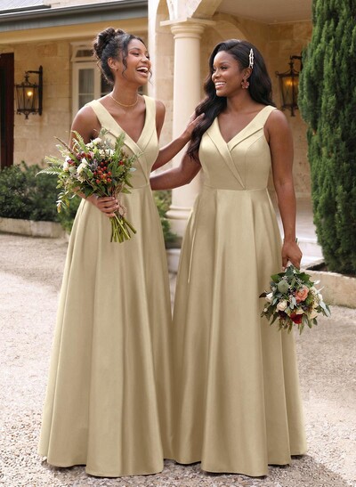 A-Line V-Neck Sleeveless Floor-Length Satin Bridesmaid Dresses